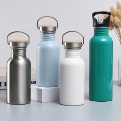 Customized cross-border stainless steel sports water bottles, bamboo and wooden lids, large-mouth portable single-walled thermos for export, wholesale