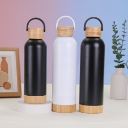 New bamboo-wood bottom and bamboo lid outdoor sports water bottle with plastic handle, portable water bottle, stainless steel vacuum thermos